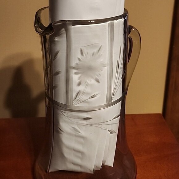 Vintage Glass Clear Pitcher Floral etched Silver Accent Heavy - Picture 5 of 12